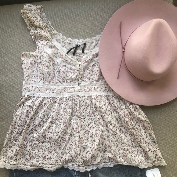 magazine Tops - Ivory and pink floral cotton blouse